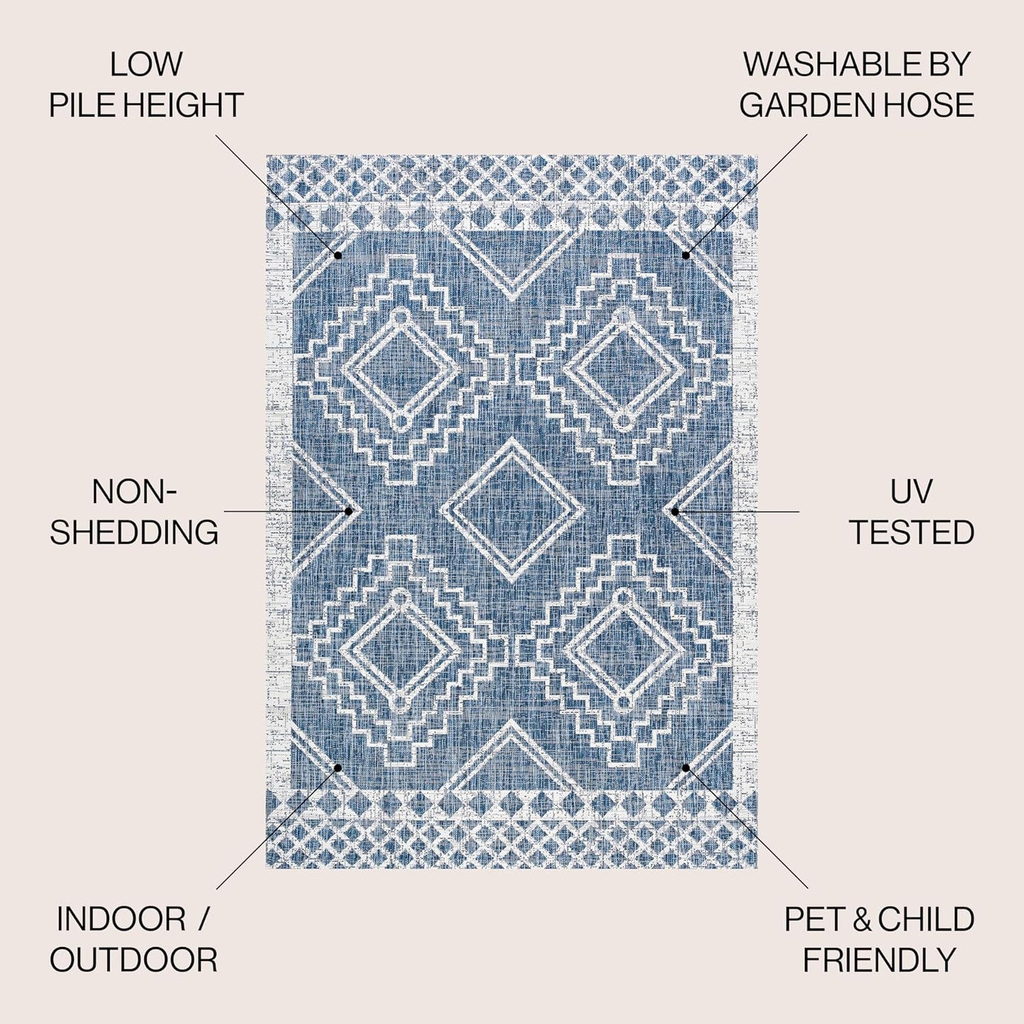 Alfombra tribal 3x5ft azul/marfil para patio exterior