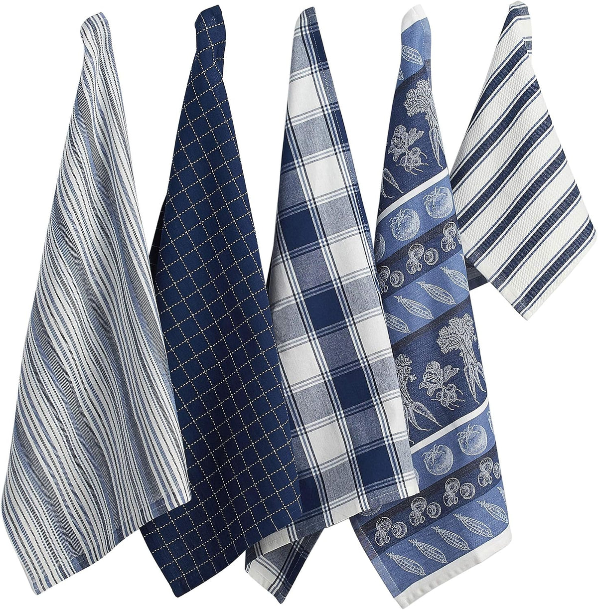 Set 5 paños cocina azul marino patrones surtidos
