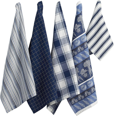 Set 5 paños cocina azul marino patrones surtidos