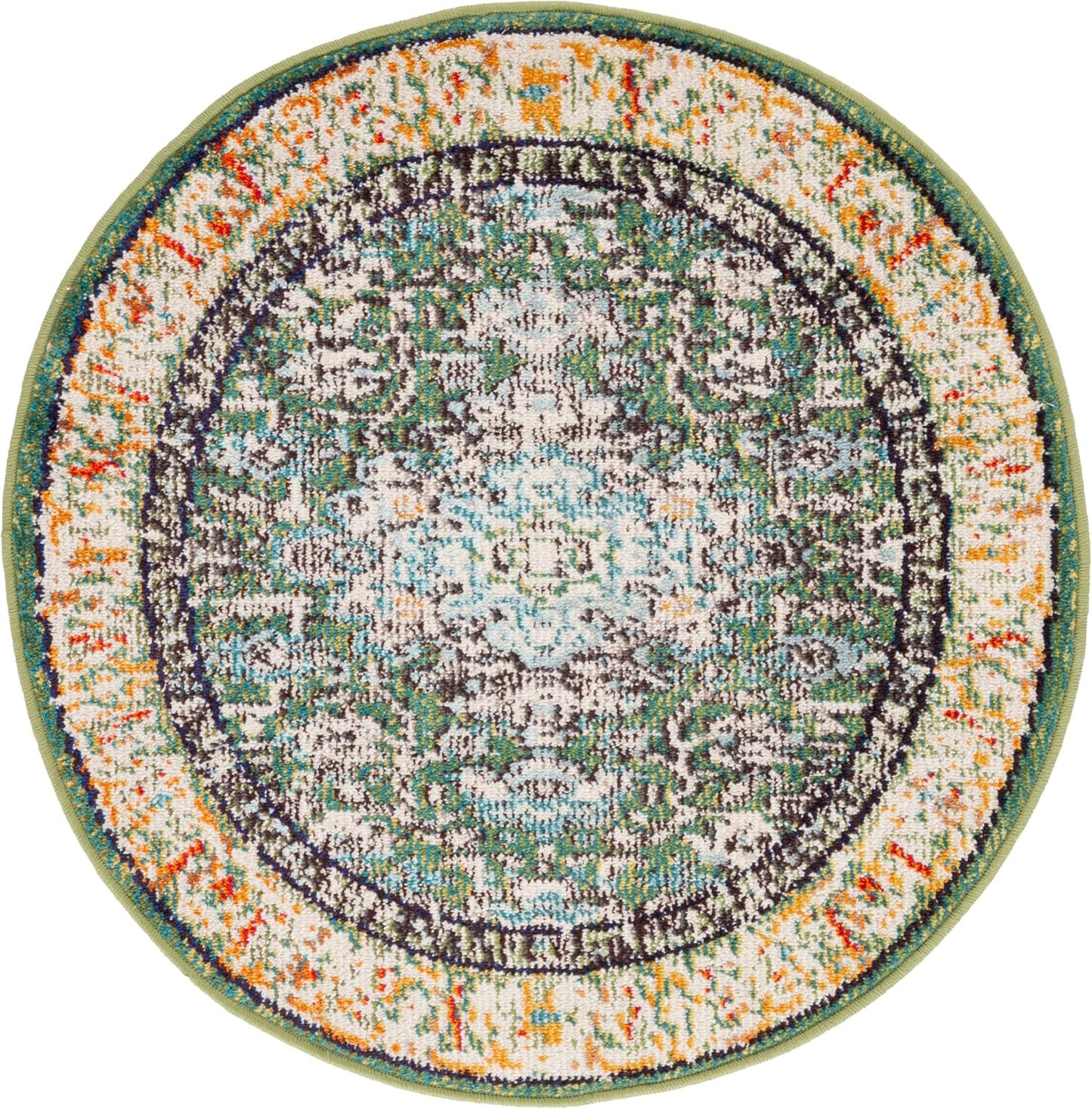 Alfombra redonda 3ft diseño bohemio color verde y turquesa