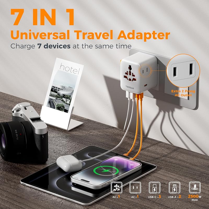 Adaptador viaje universal 65W GaN 5 USB enchufe mundial