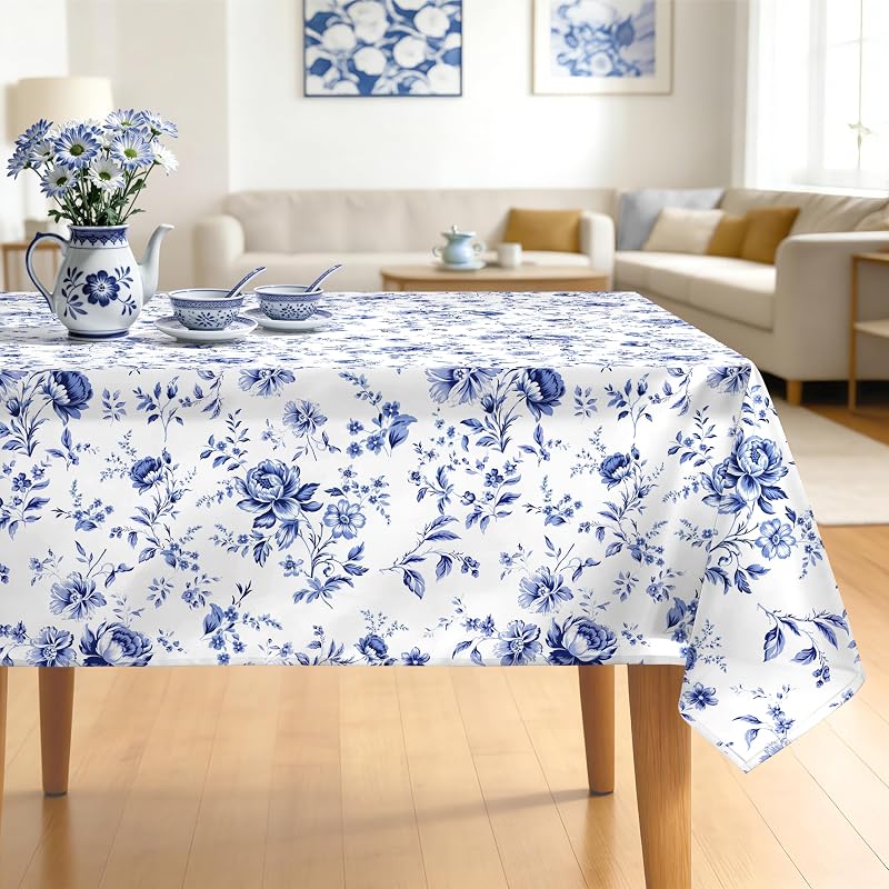 Mantel floral azul acuarela impermeable 60x120pulg