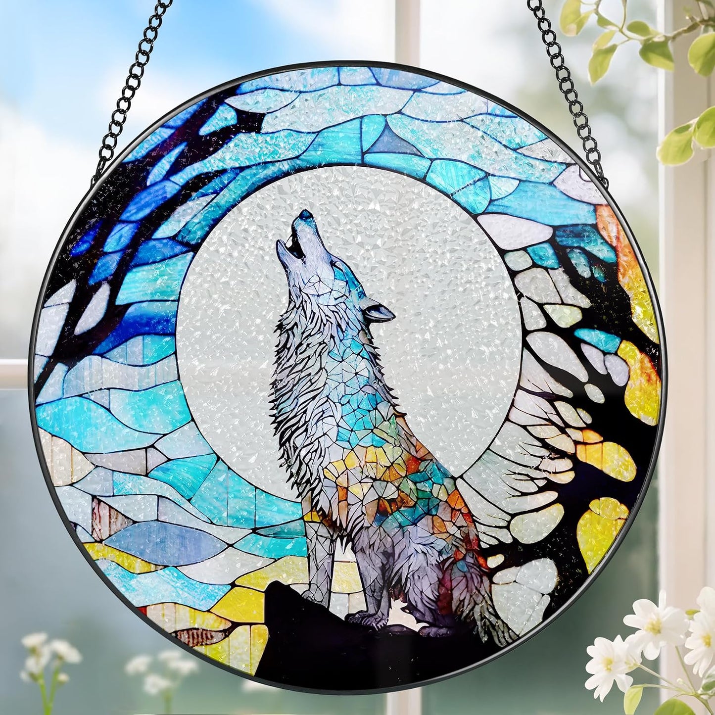 Colgante vitral atrapasol lobo decoración ventana regalo