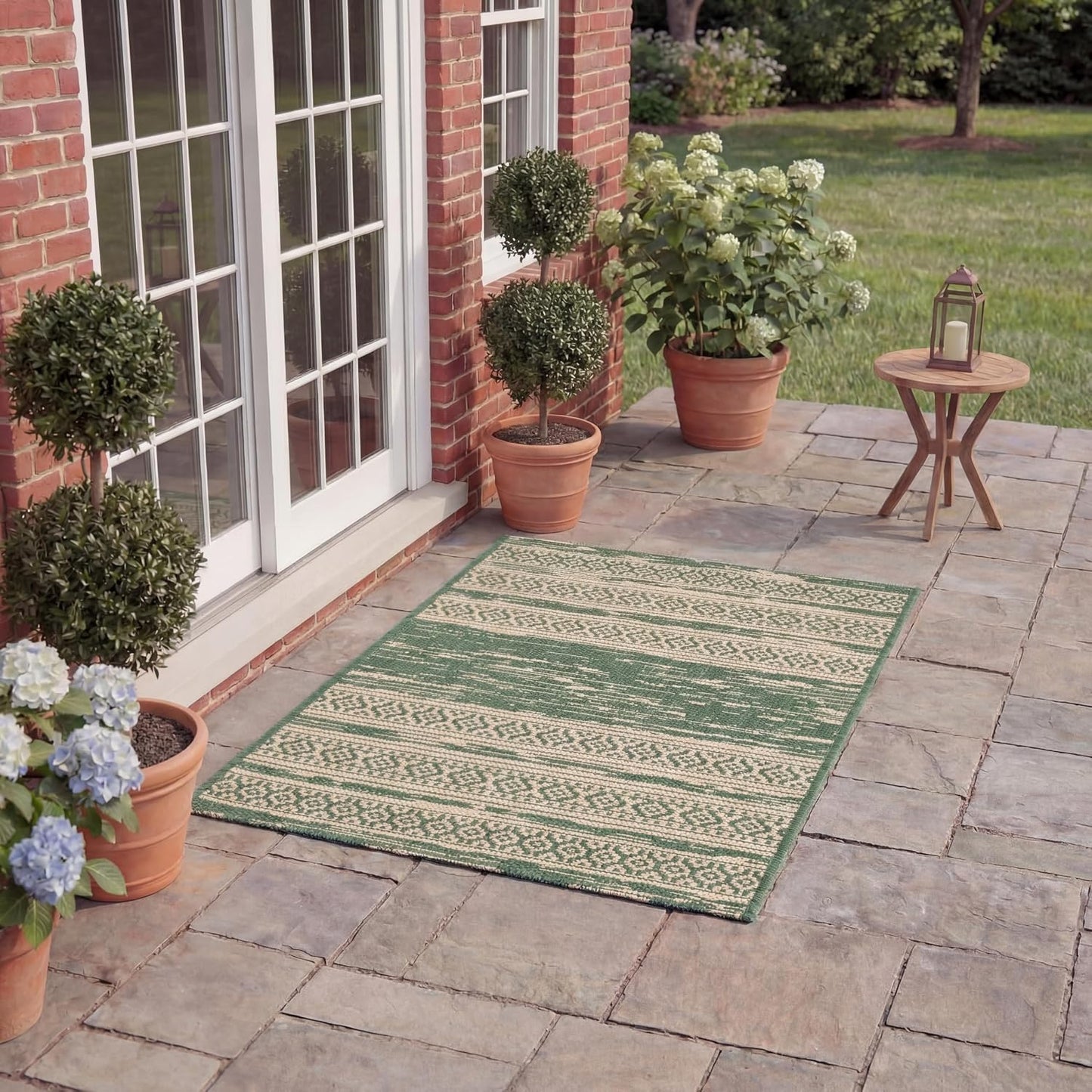 Alfombra decorativa 2x3ft 7pulg verde oscuro y beige para patio