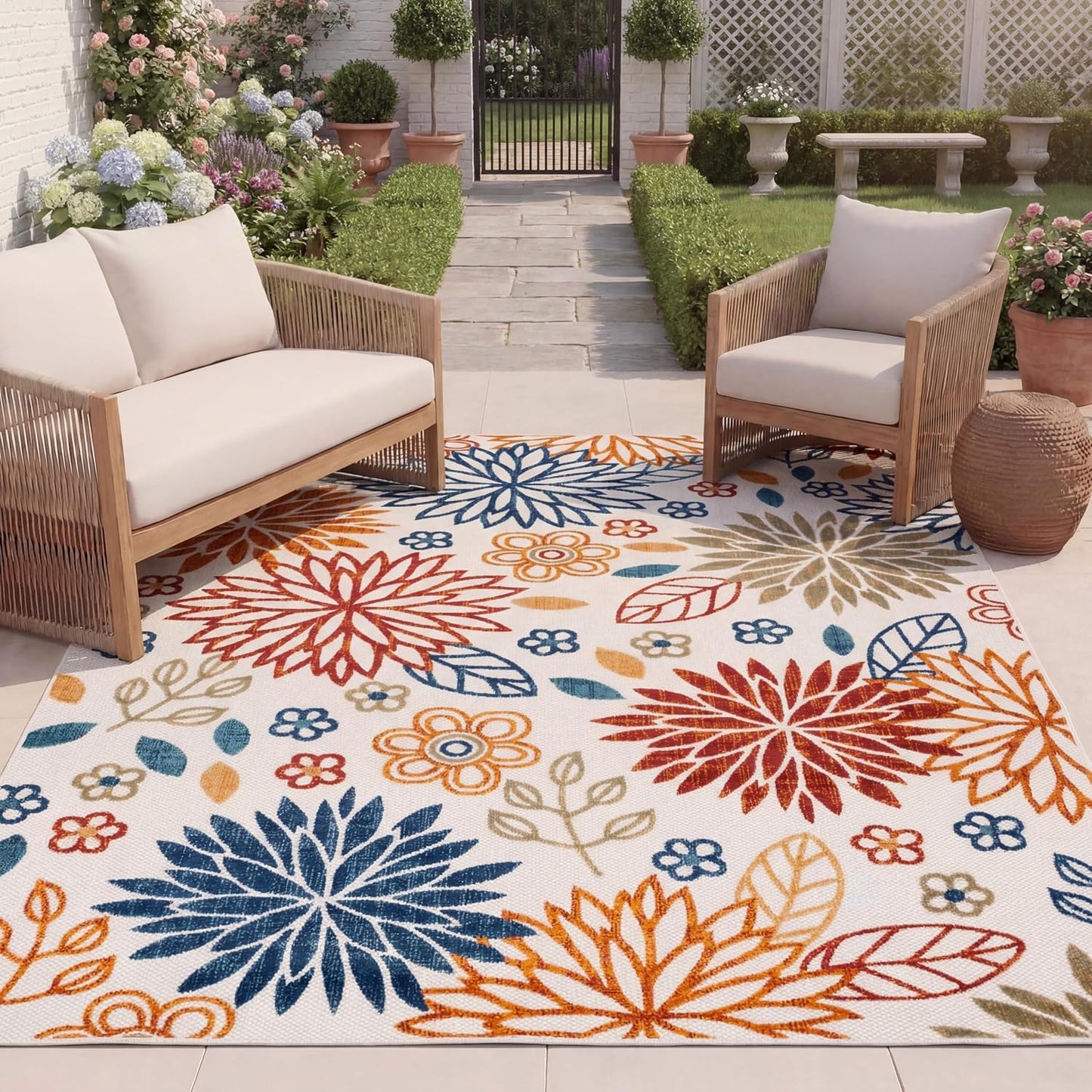 Alfombra exterior lavable 8x10ft color crema y rojo