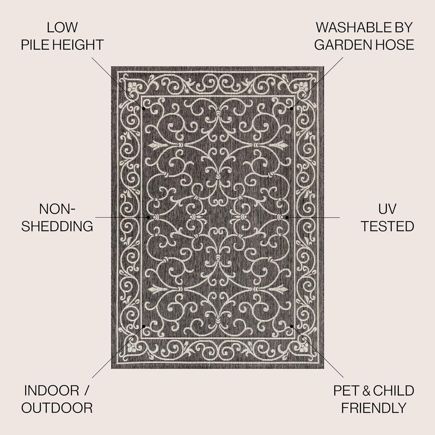 Alfombra Vintage Filigrana 5x8pulg Negro/Gris