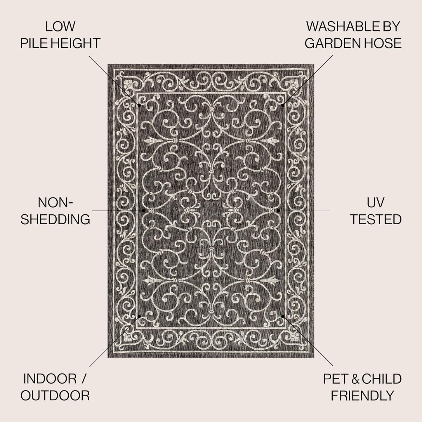 Alfombra vintage filigrana 3x5ft texturizado negro gris patio