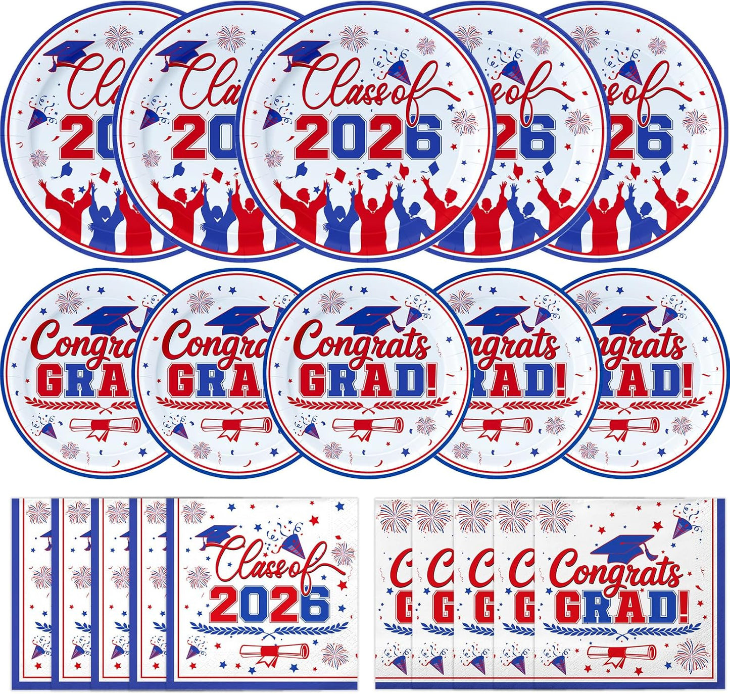 Set 100 Platos Servilletas Graduación Azul Rojo 2026