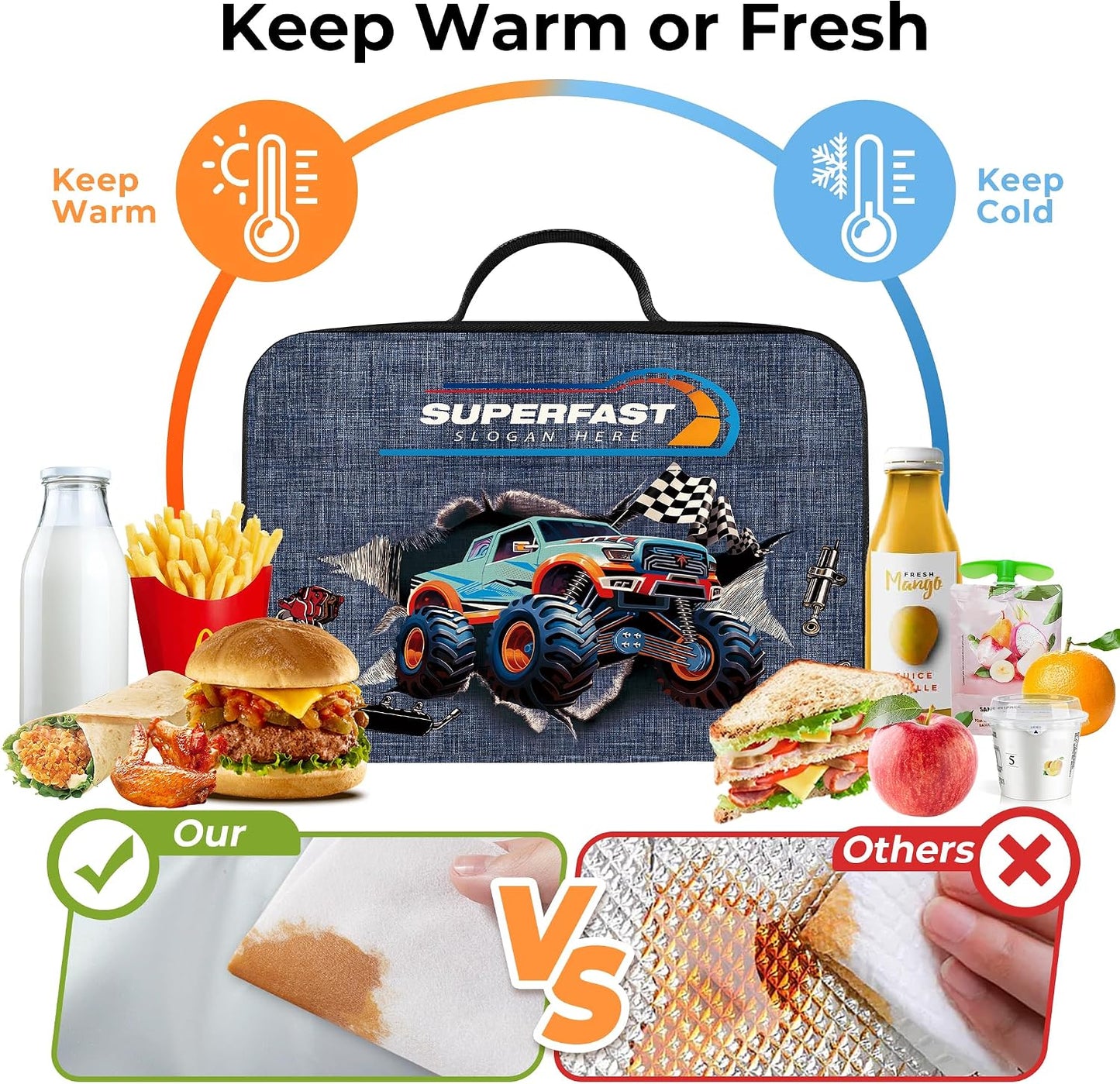 Bolsa almuerzo aislada niño camión 3D reutiliz.