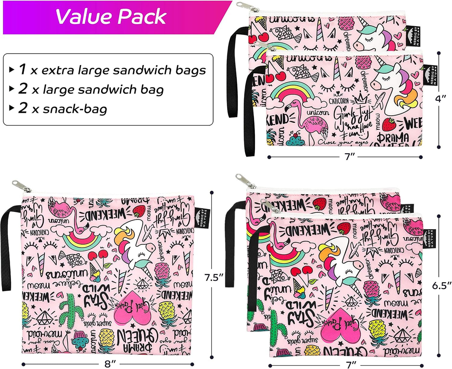 Bolsas sándwich reutilizables doble capa unicornios arcoíris