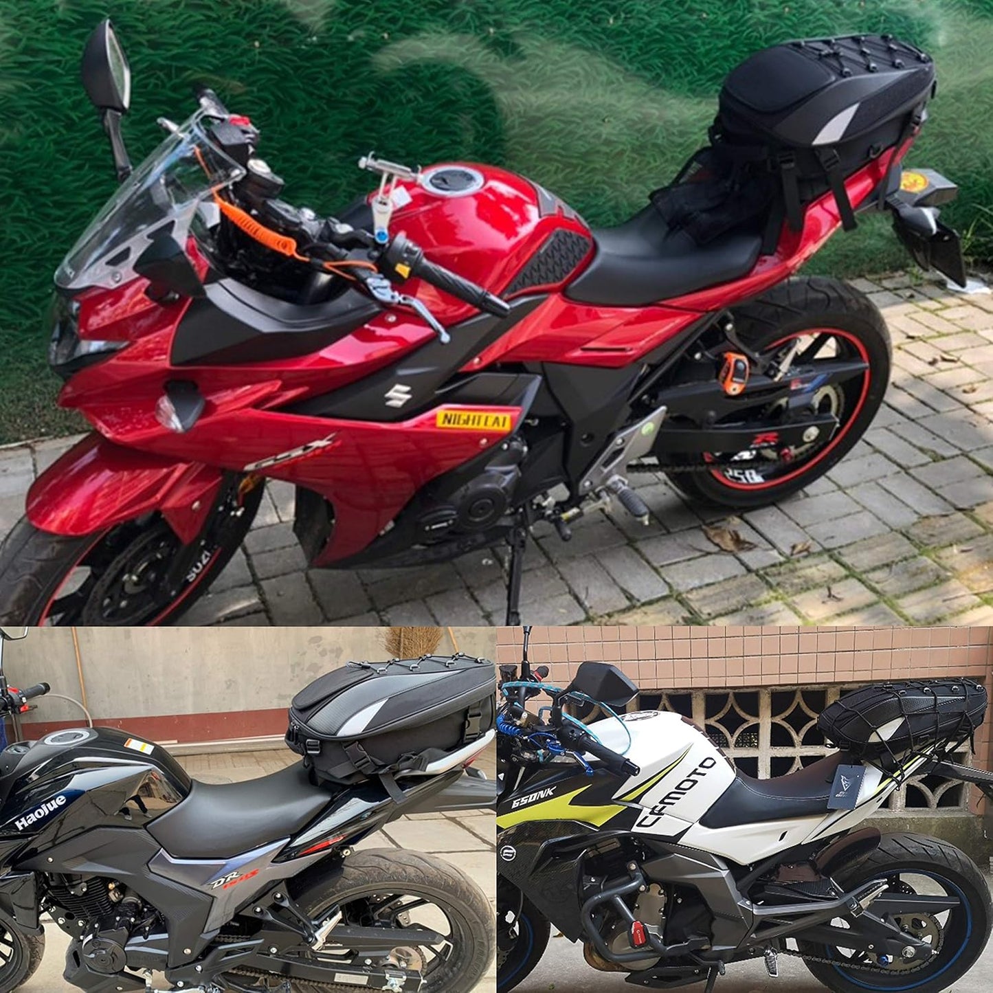 Bolsa asiento motocicleta impermeable con red carga