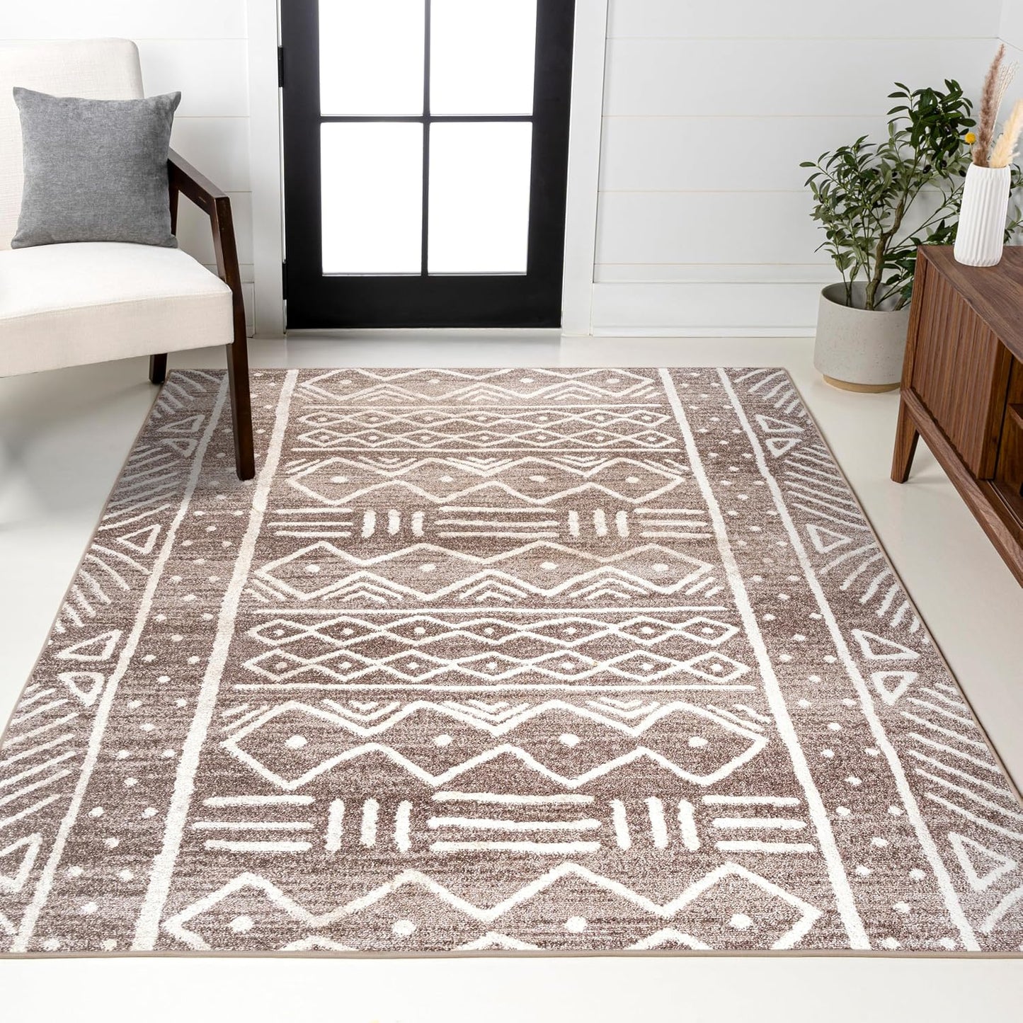 Alfombra tribal geométrica 4x6 marrón/marfil