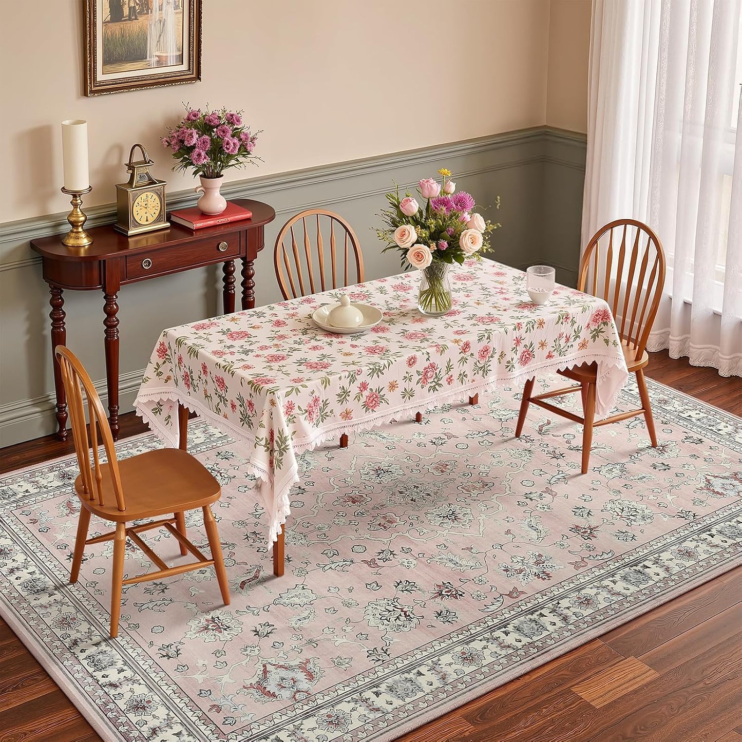 Alfombra boho rosa claro pelo bajo sala dormitorio