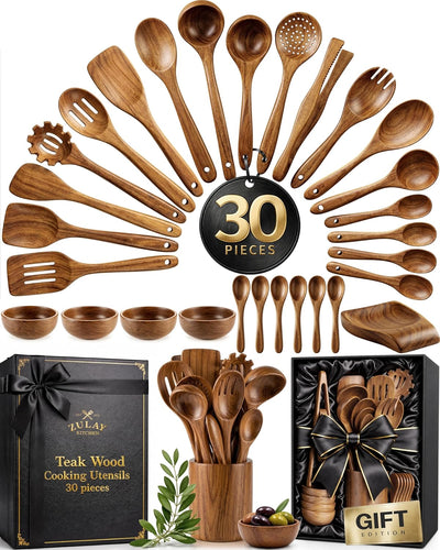 Set 30 Pzas Utensilios Madera Teca Caja Regalo