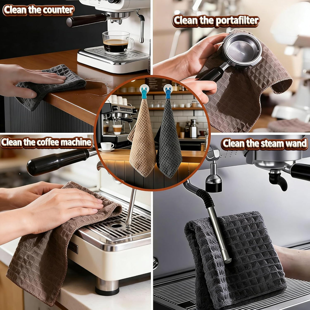 Paquete de 4 toallas microfibra gofre 12 x 12 pulgadas con ganchos para cafetera expreso