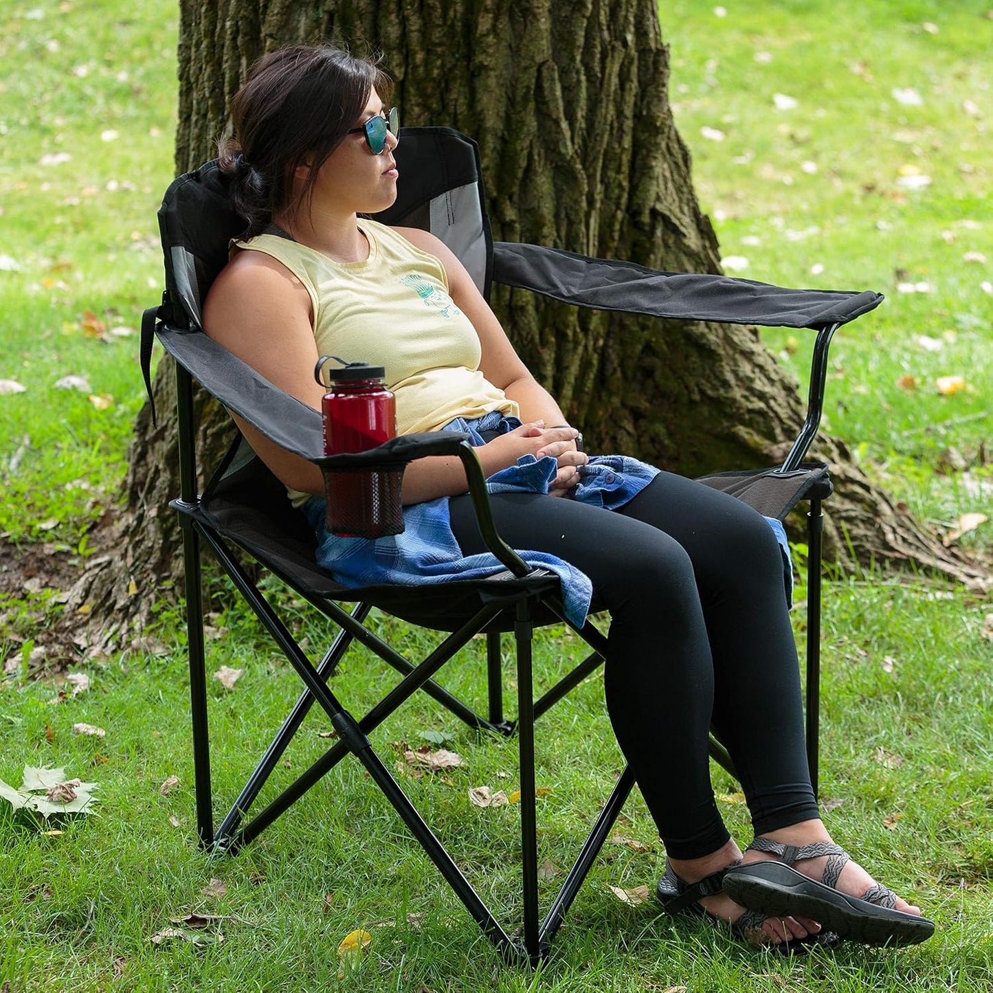 Silla campamento plegable grande soporta 600lb negro/gris
