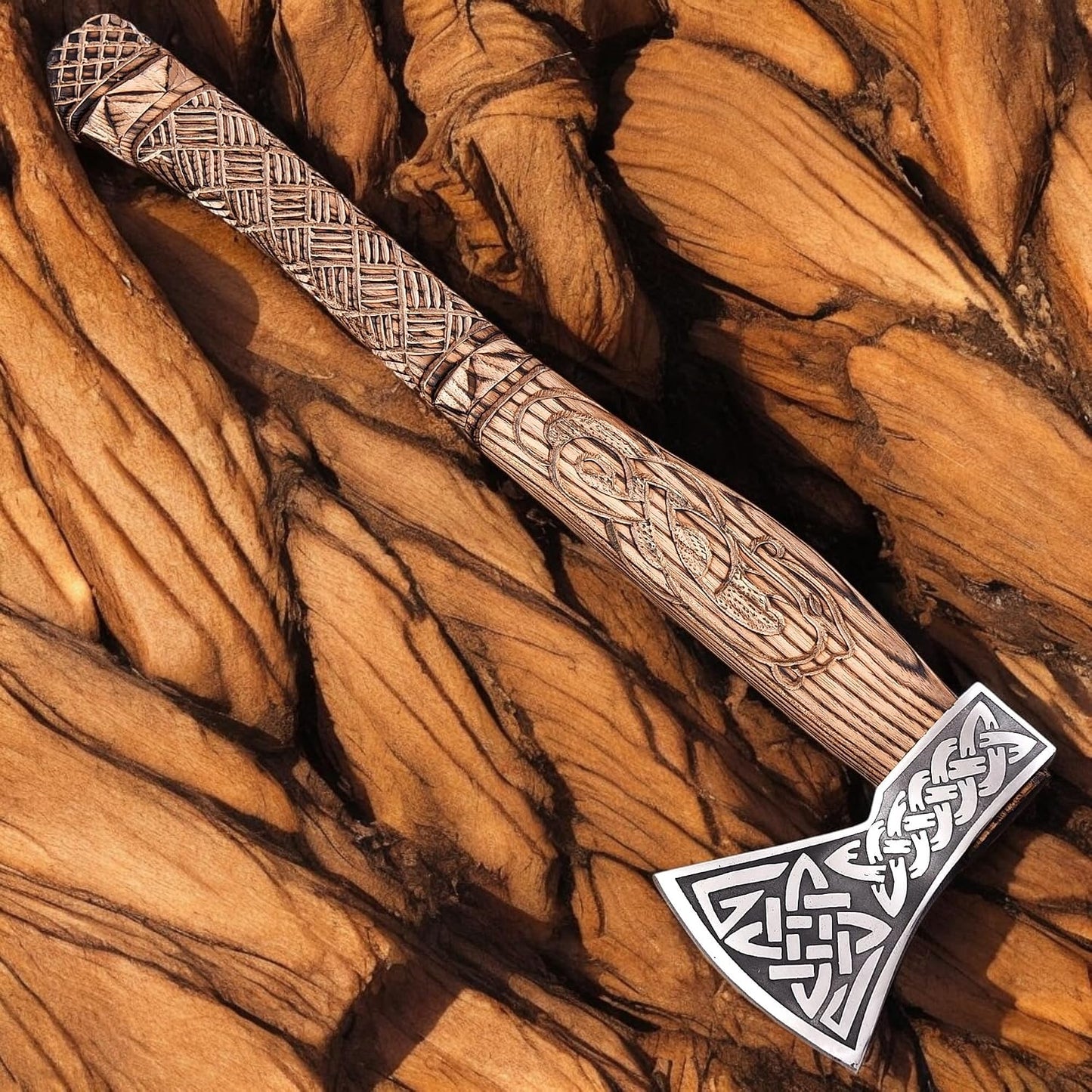 Hacha Vikingo Forjada Acero Carbono Eje Madera Rosa