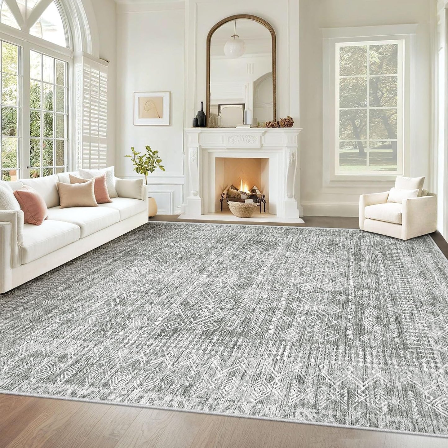 Alfombra sala 8x10pulg estilo bohemio antiderrap gris