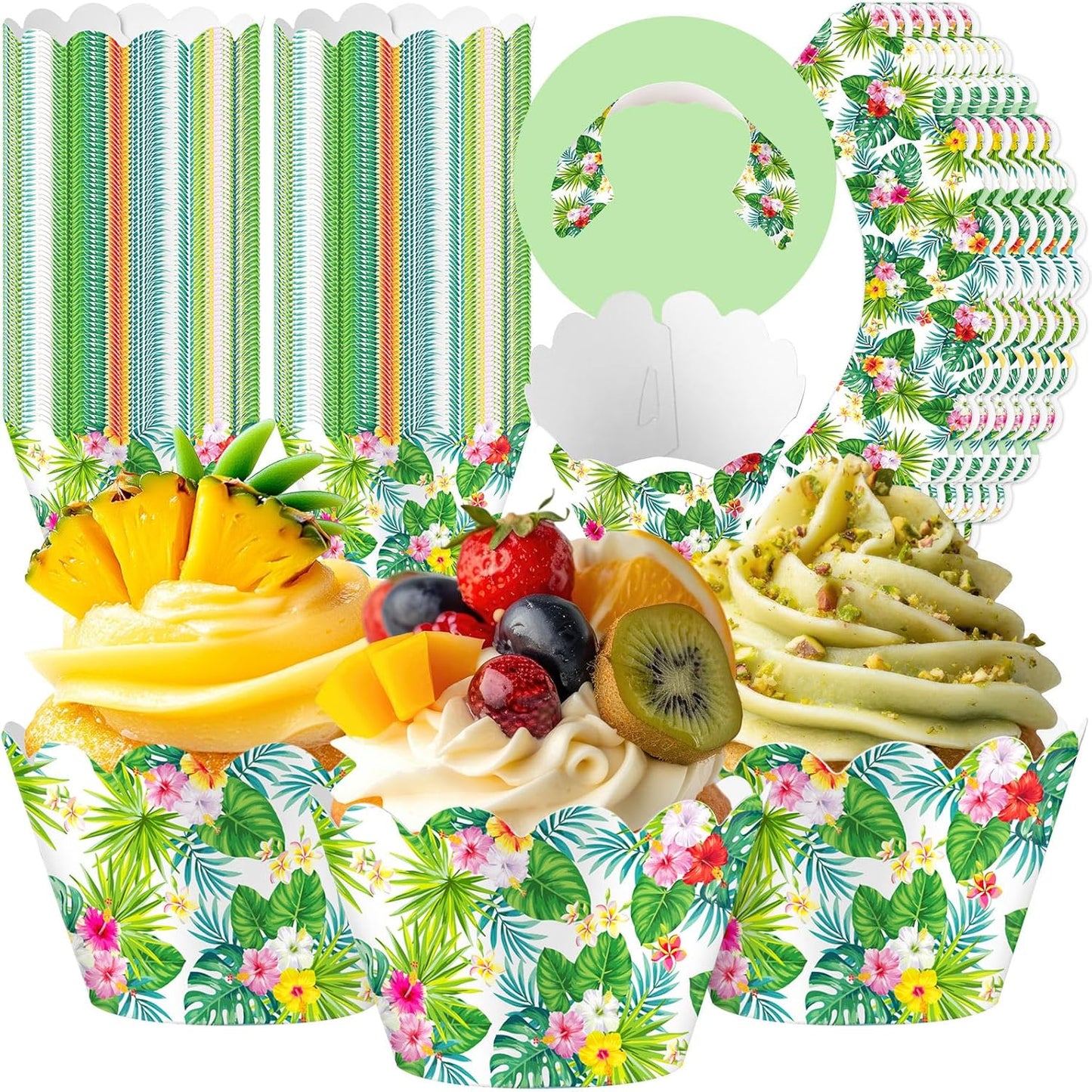 100 Pzas Envolturas Pastel Luau Tropical Verdes para Fiesta