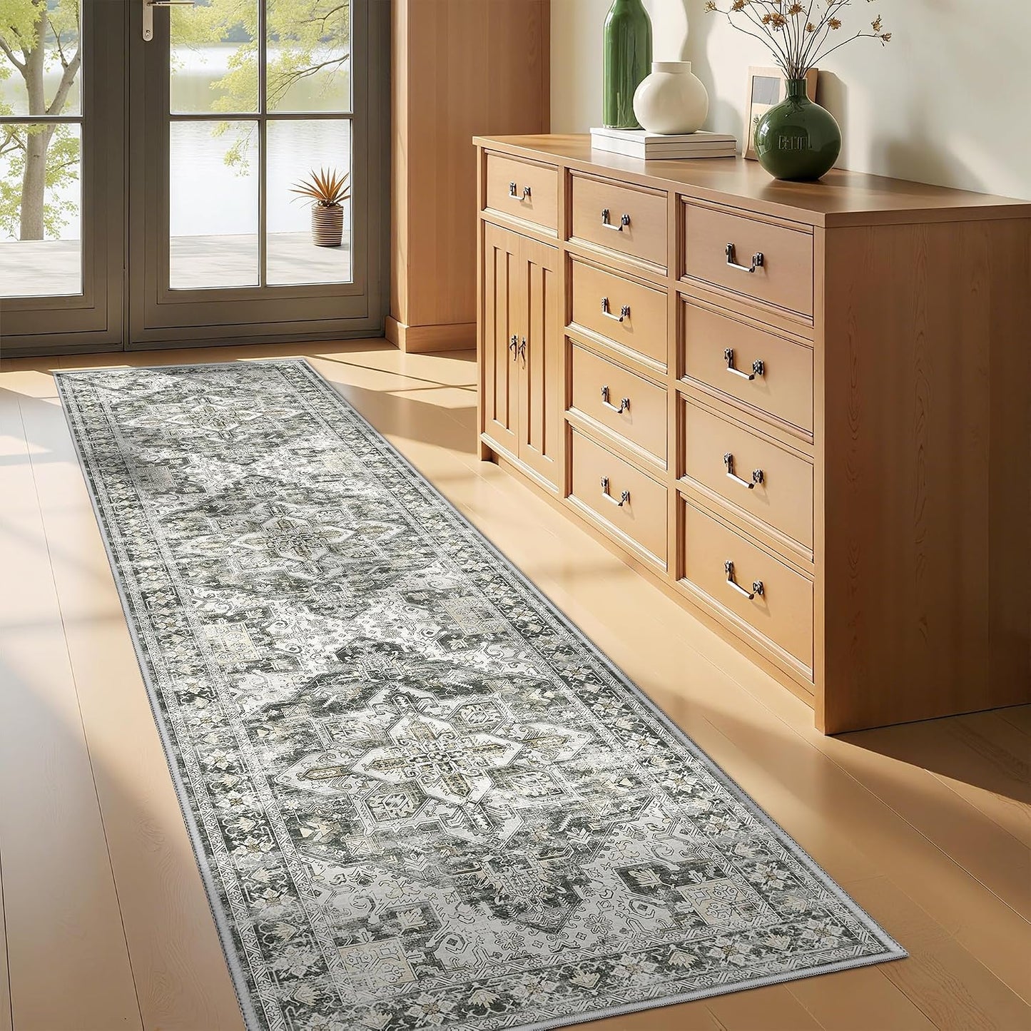 Tapete pasillo antiderrap estilo vintage 2x8ft gris/beige