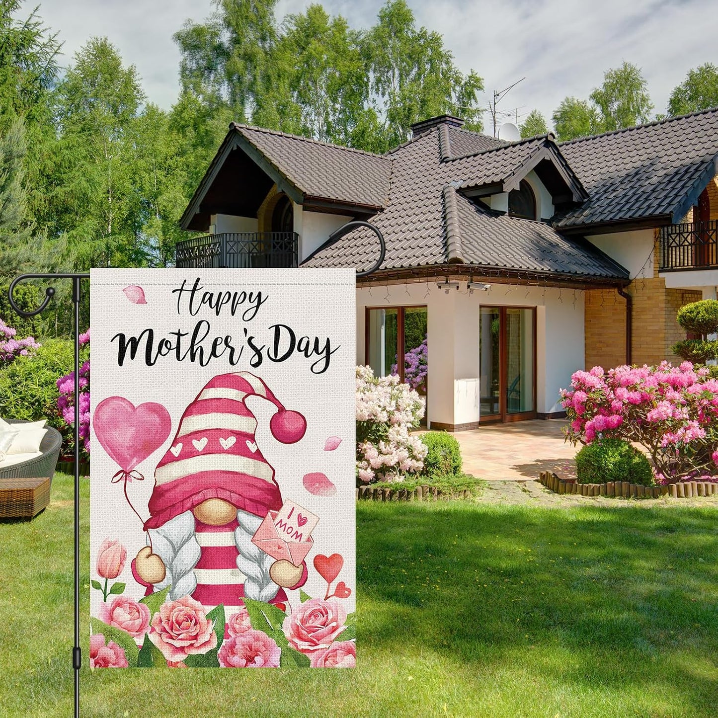 Bandera jardín gnomo 12x18" texto Mother's Day