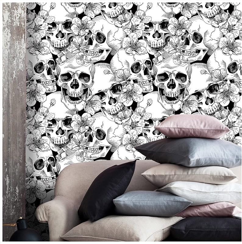 Papel tapiz Halloween calavera 17.7" x32.8ft negro/blanco