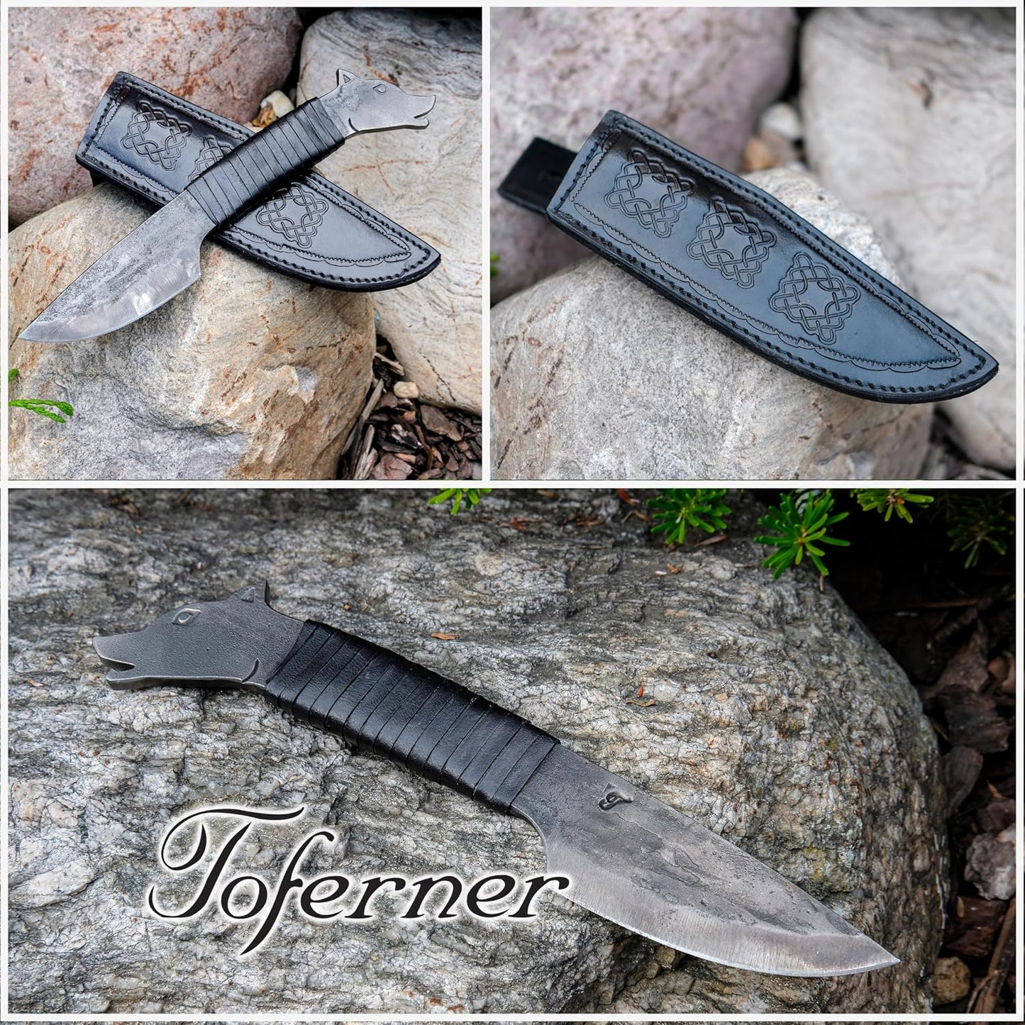 Cuchillo forjado a mano con funda cuero negro