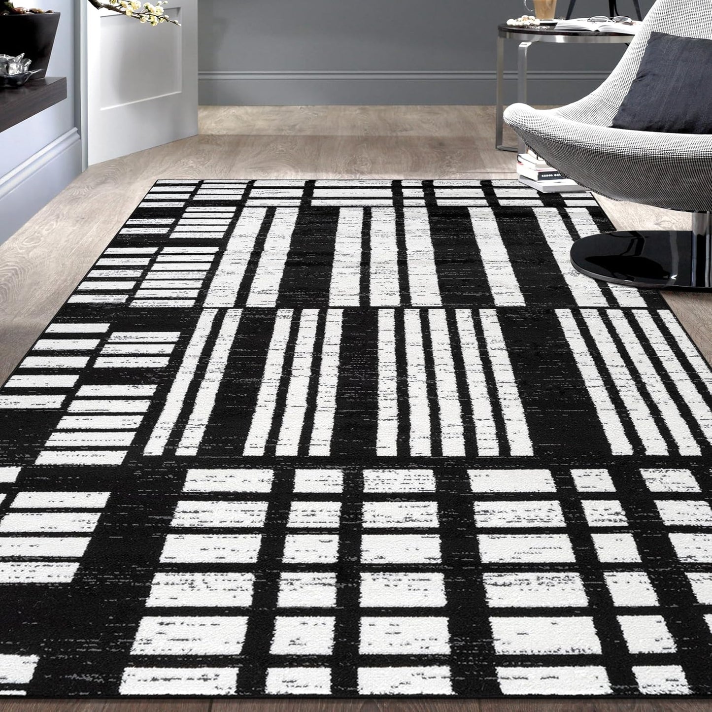 Alfombra geométrica blanco y negro pelo bajo 4x6ft