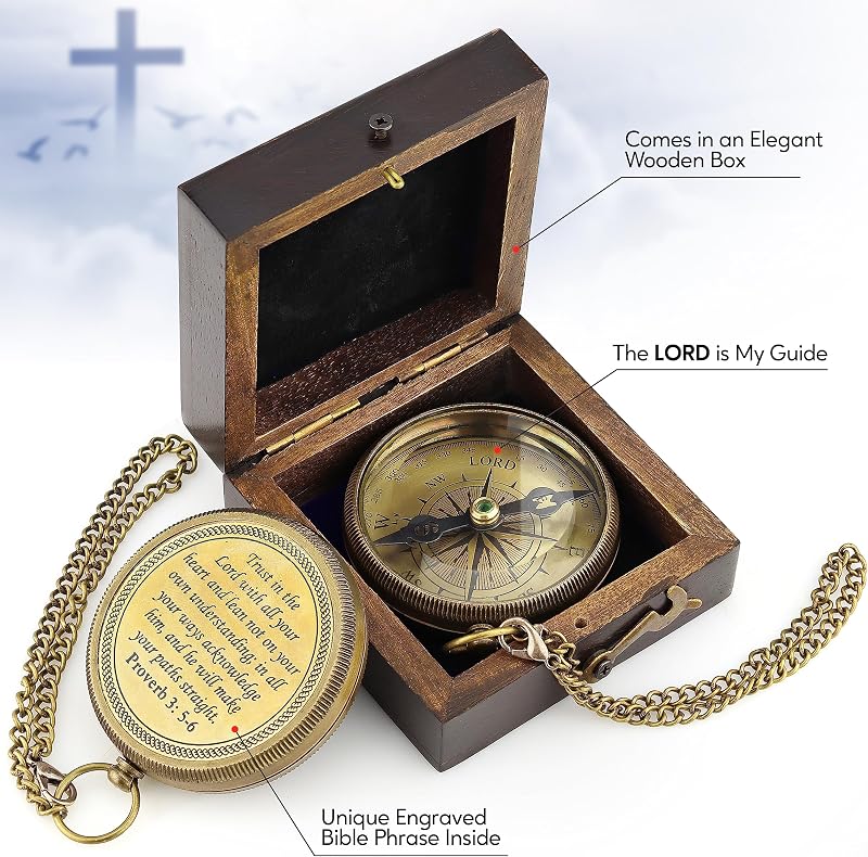 Brújula latón Dios es Mi Guía con caja regalo religioso
