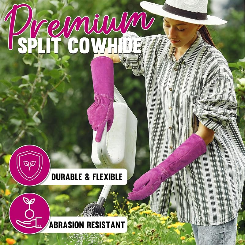 Guantes jardinería mujer cuero al codo rosa talla L