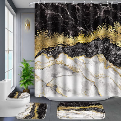 Juego 4 cortinas ducha baño con borde negro y dorado 12 ganchos