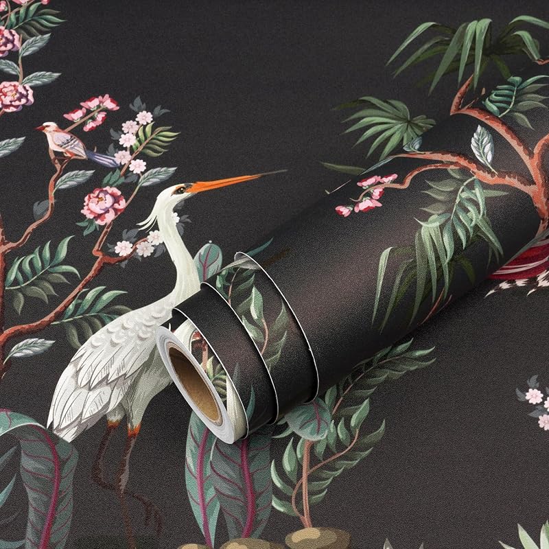 Papel tapiz chinoiserie verde botánico oscuro