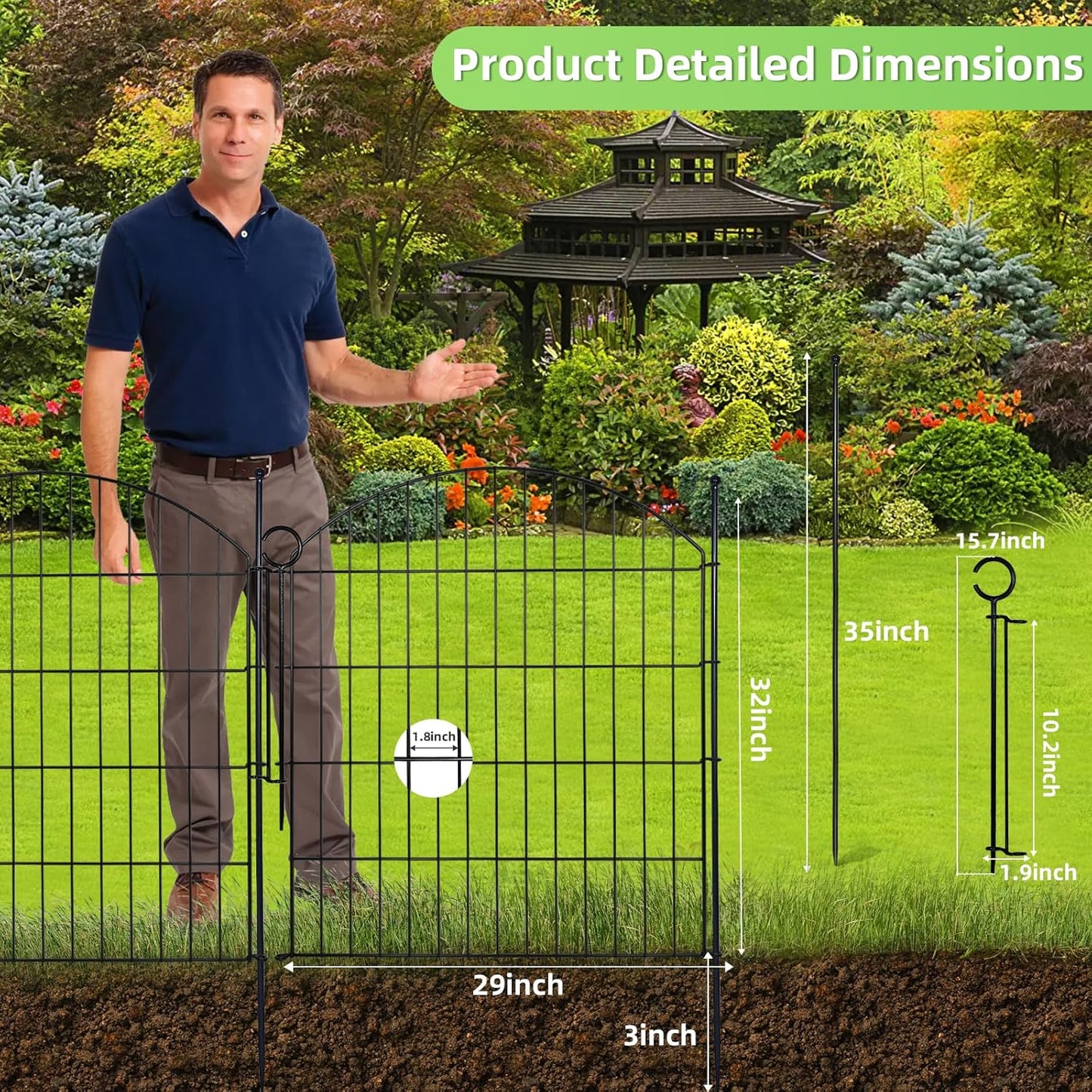 Valla jardín 32" x12ft set 5 sin excavación con cerradura