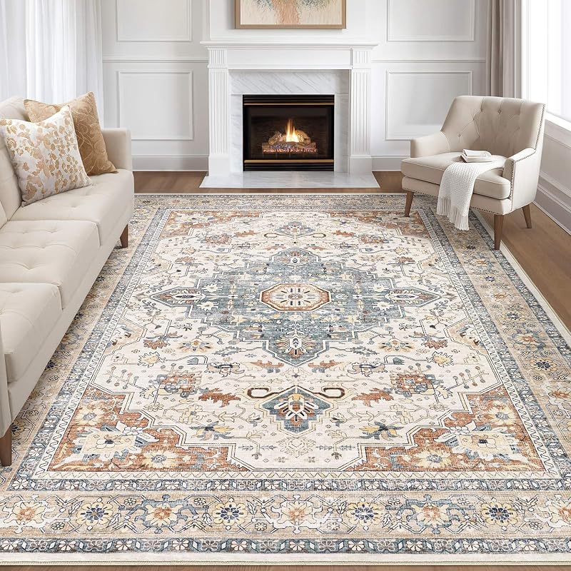 Tapete sala estilo bohemio 9x12ft beige y azul antiderrap
