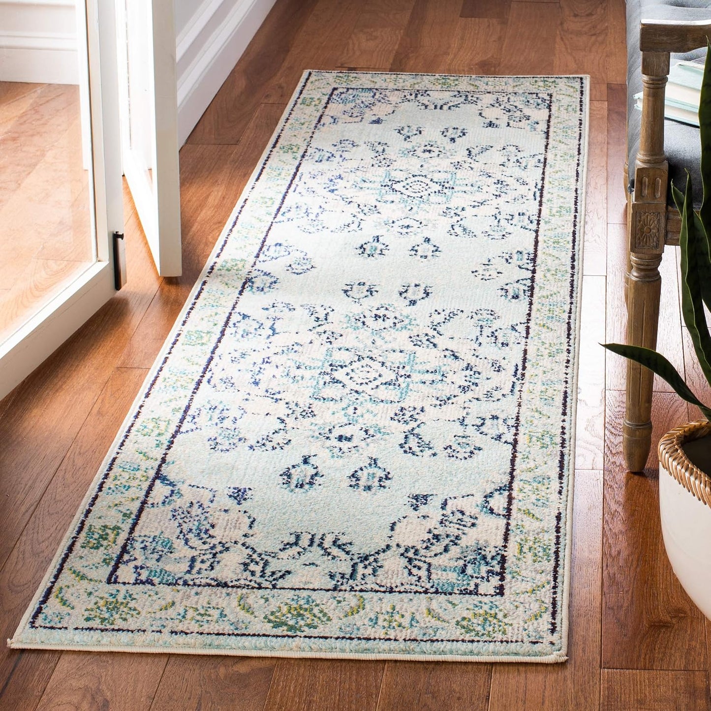 Alfombra pasillo 2.2x6ft azul claro y marfil no pelusa