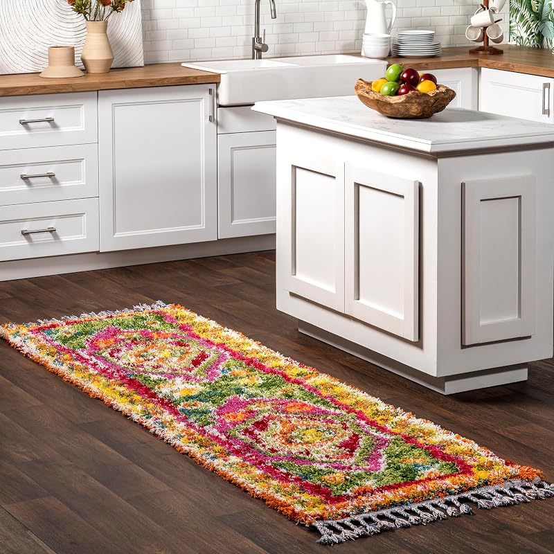 Tapete peludo marroquí 2'8x8' suave resistente manchas