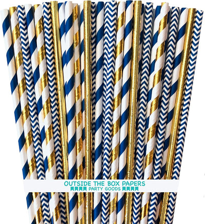 Pajitas aluminio azul marino y dorado rayas 100uds