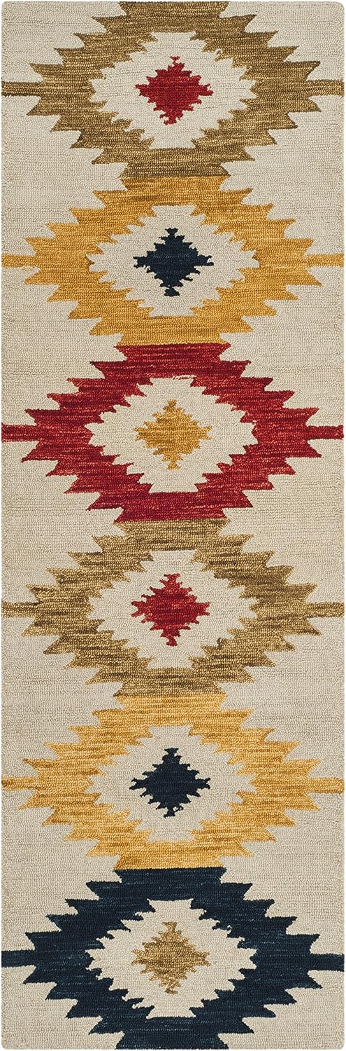 Alfombra pasillo 2'3x7' lana tribal marfil y multicolor