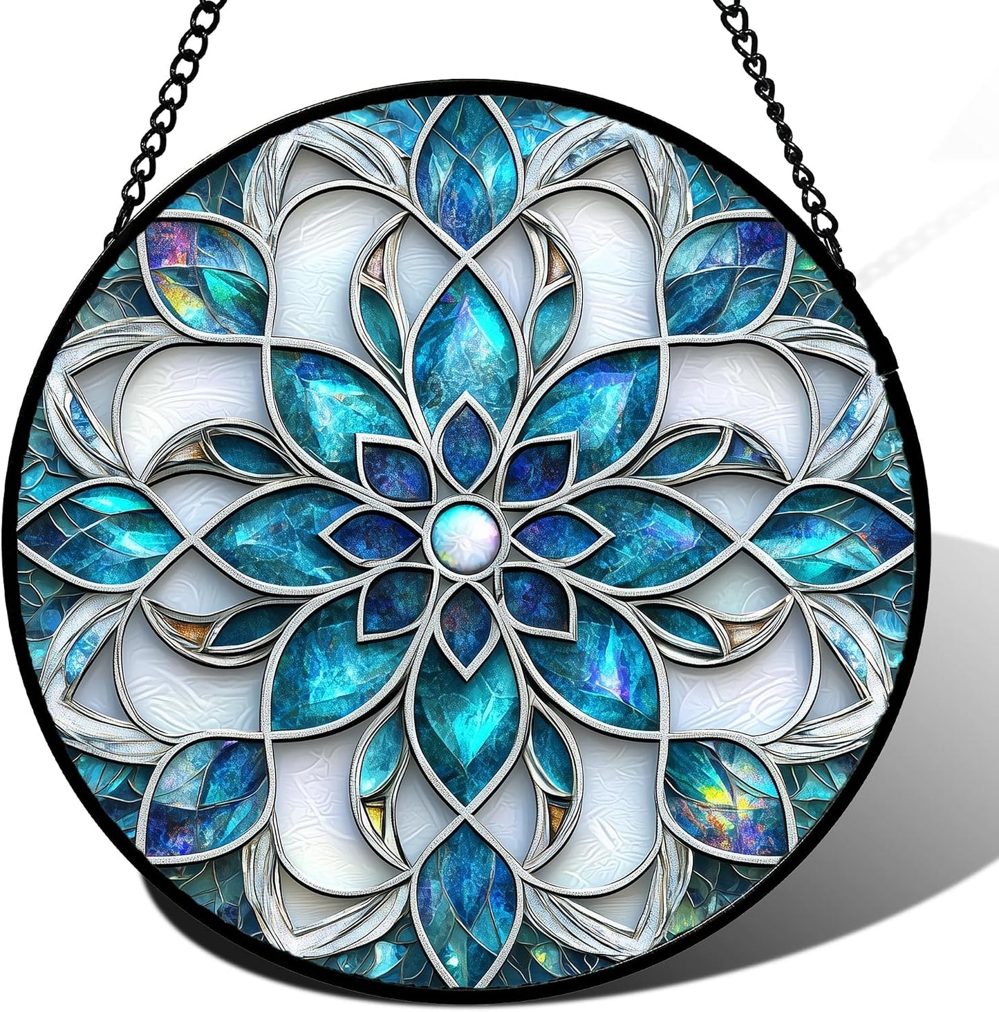 Colgante Vidrio Emplomado Atrapasol Flores Azul Blanco Decoración