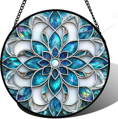 Colgante Vidrio Emplomado Atrapasol Flores Azul Blanco Decoración