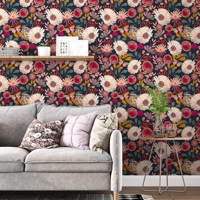 Papel tapiz floral oscuro autoadhesivo 17.5x394pulg baño