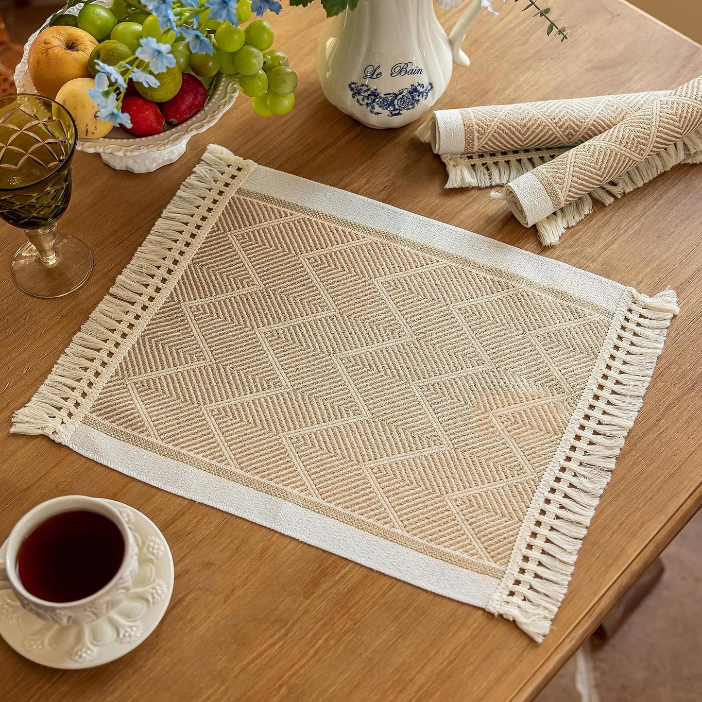 4 Manteles individuales bohemios con borlas impermeables