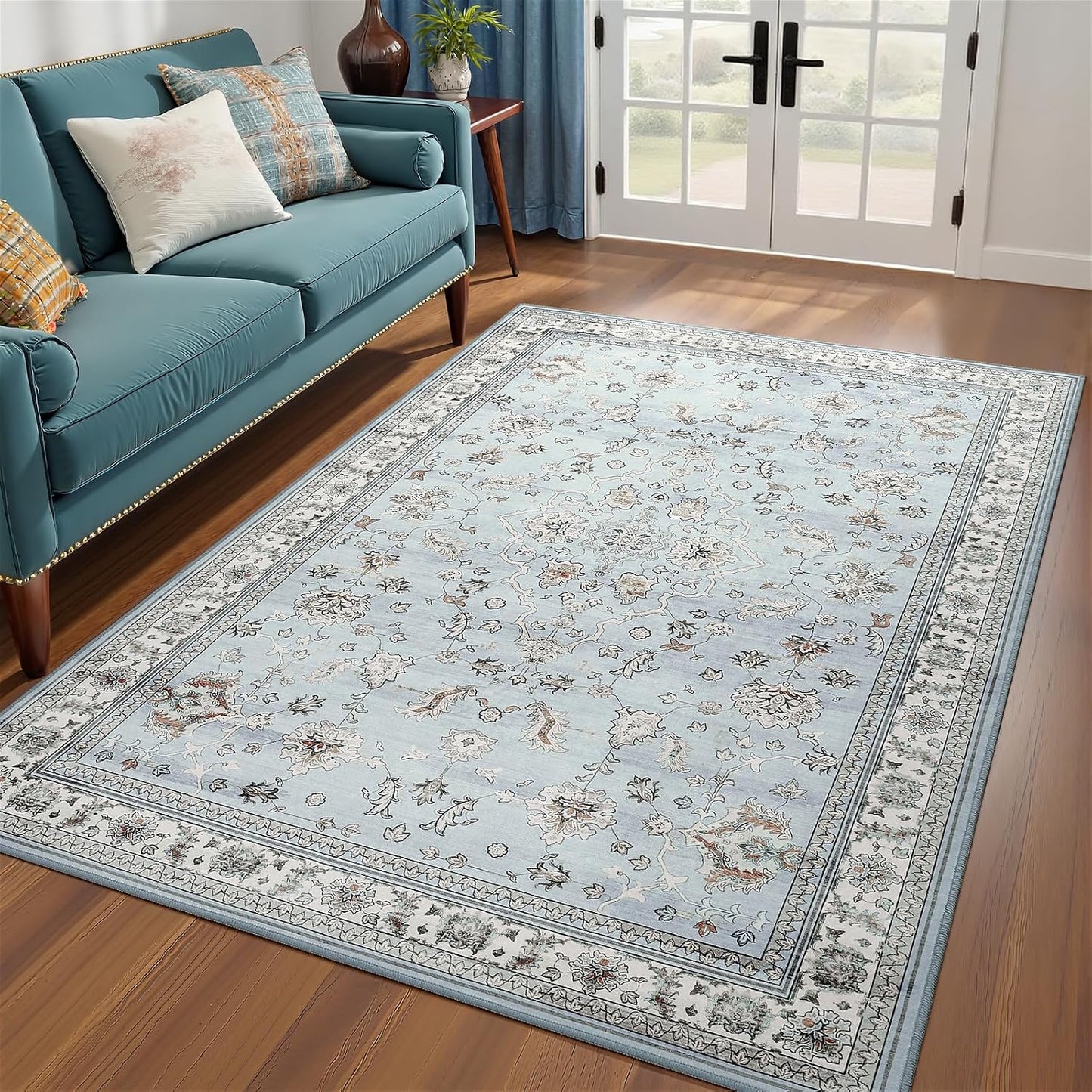 Alfombra boho lavable azul claro 4x6ft sala dormitorio