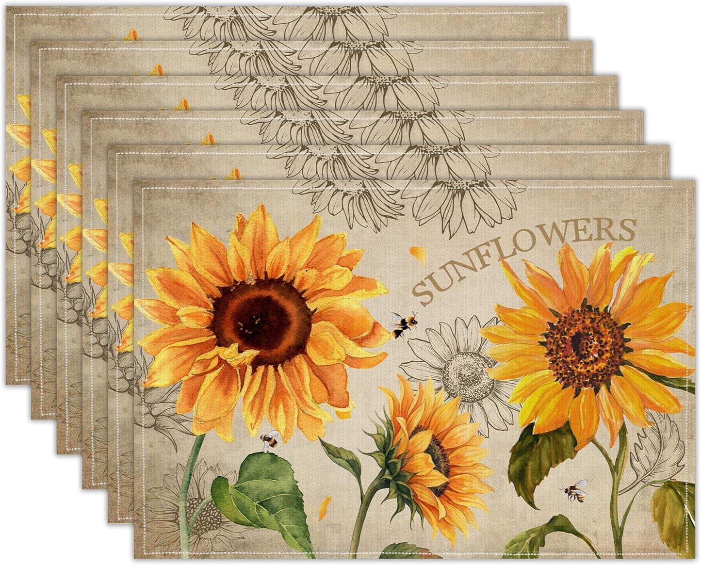 Set 6 servilletas linón flores de sol 12x18 pulg decoración mesa