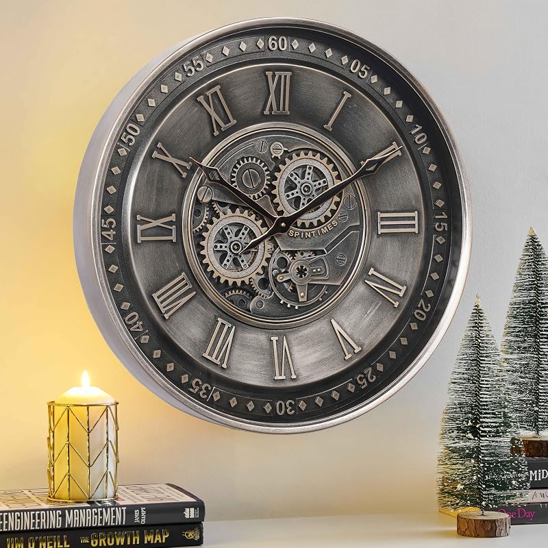 Reloj pared 24pulg engranaje móvil números romanos plateado