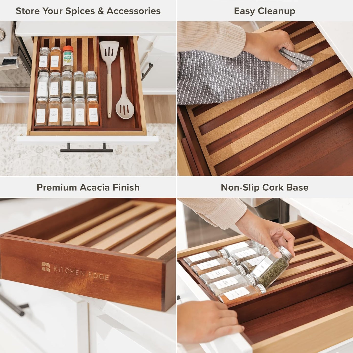 Organiz. cajones especias madera bambú con patas antiderrap