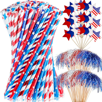 150 Pajitas 4 de Julio con Bandera Rojo Blanco Azul y Palillos Dientes