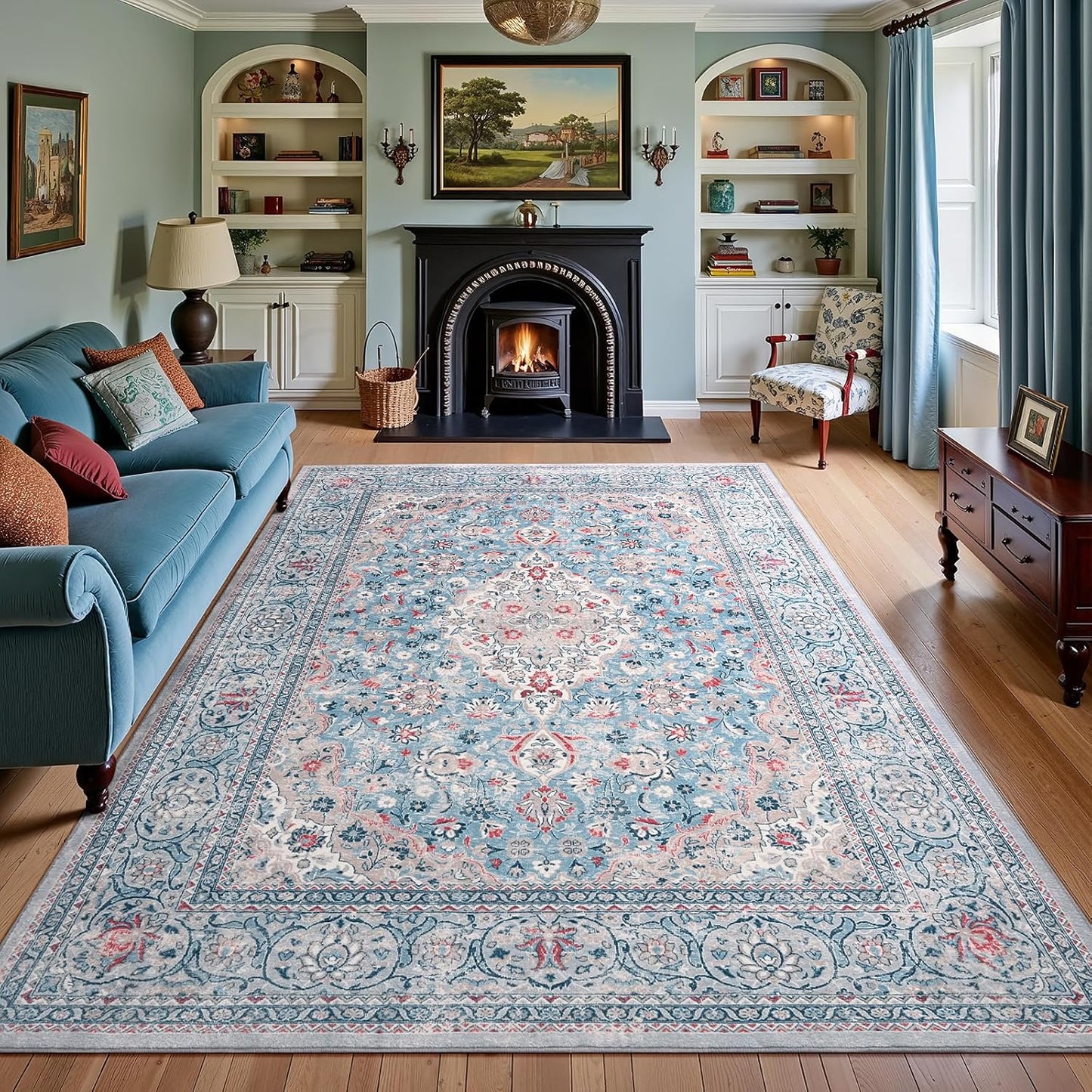 Alfombra 5x7 azul boho vintage antiderrap dormitorio