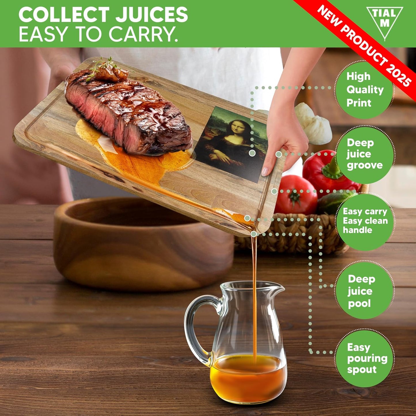 Tabla fideos madera mango 28x20pulg ranura jugo asas