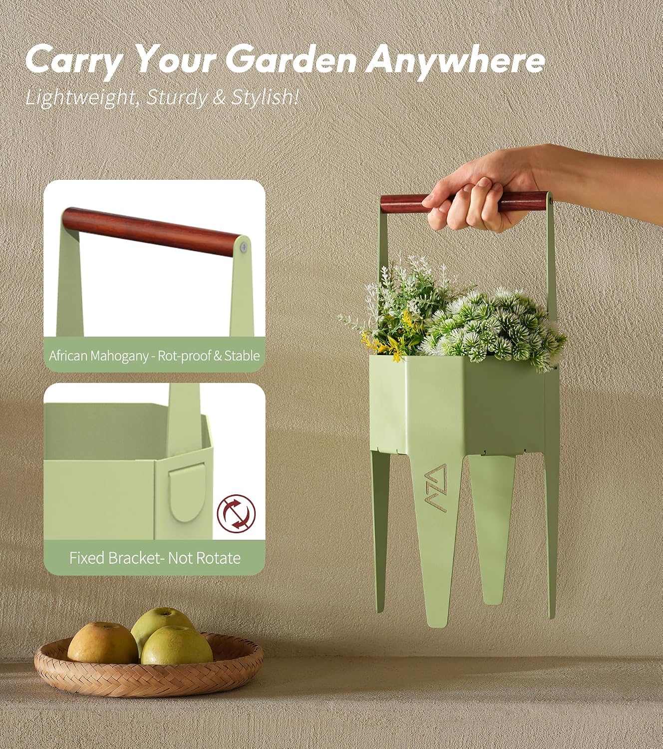 Maceta 2en1 con soporte bolsas cultivo asa 7.5x17.3pulg verde